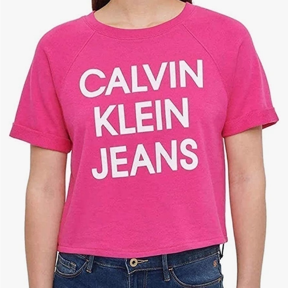 Calvin Klein Jeans Womens French Terry Logo Crop Top Shirt Hot Pink XL